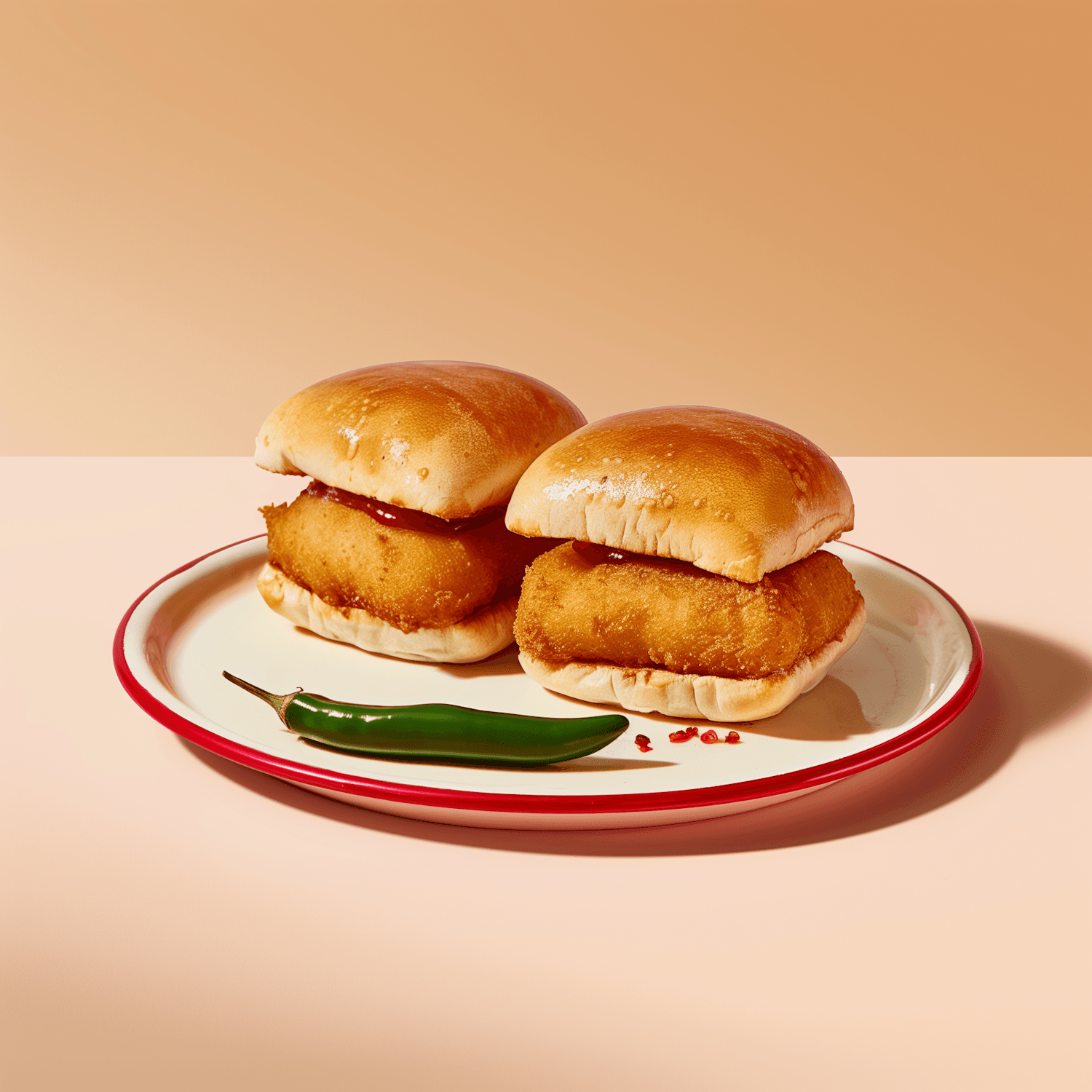 Crispy fried chicken burgers on a plate with a green chilli